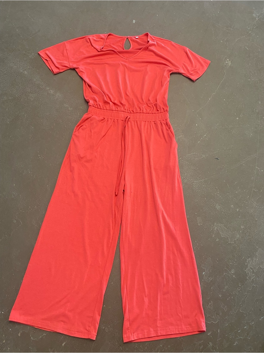 Women's Coral Short-Sleeve Wide-Leg Jumpsuit with Drawstring Waist